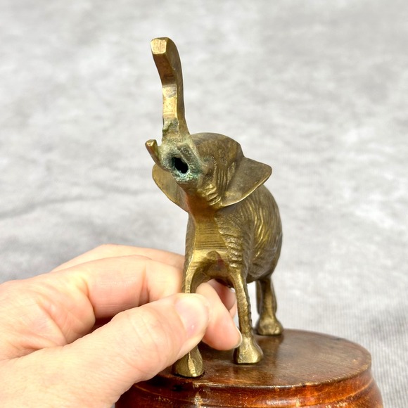 Vintage Brass Elephant Figurine on Wooden Base Animal Collectible MCM Decor - Picture 6 of 10